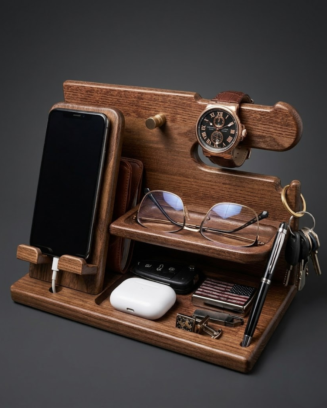 Organizador de Escritorio en Madera Real: Soporte para Reloj, Celular, Llaves y Accesorios