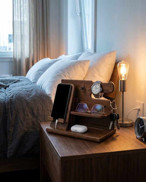 Organizador de Escritorio en Madera Real: Soporte para Reloj, Celular, Llaves y Accesorios