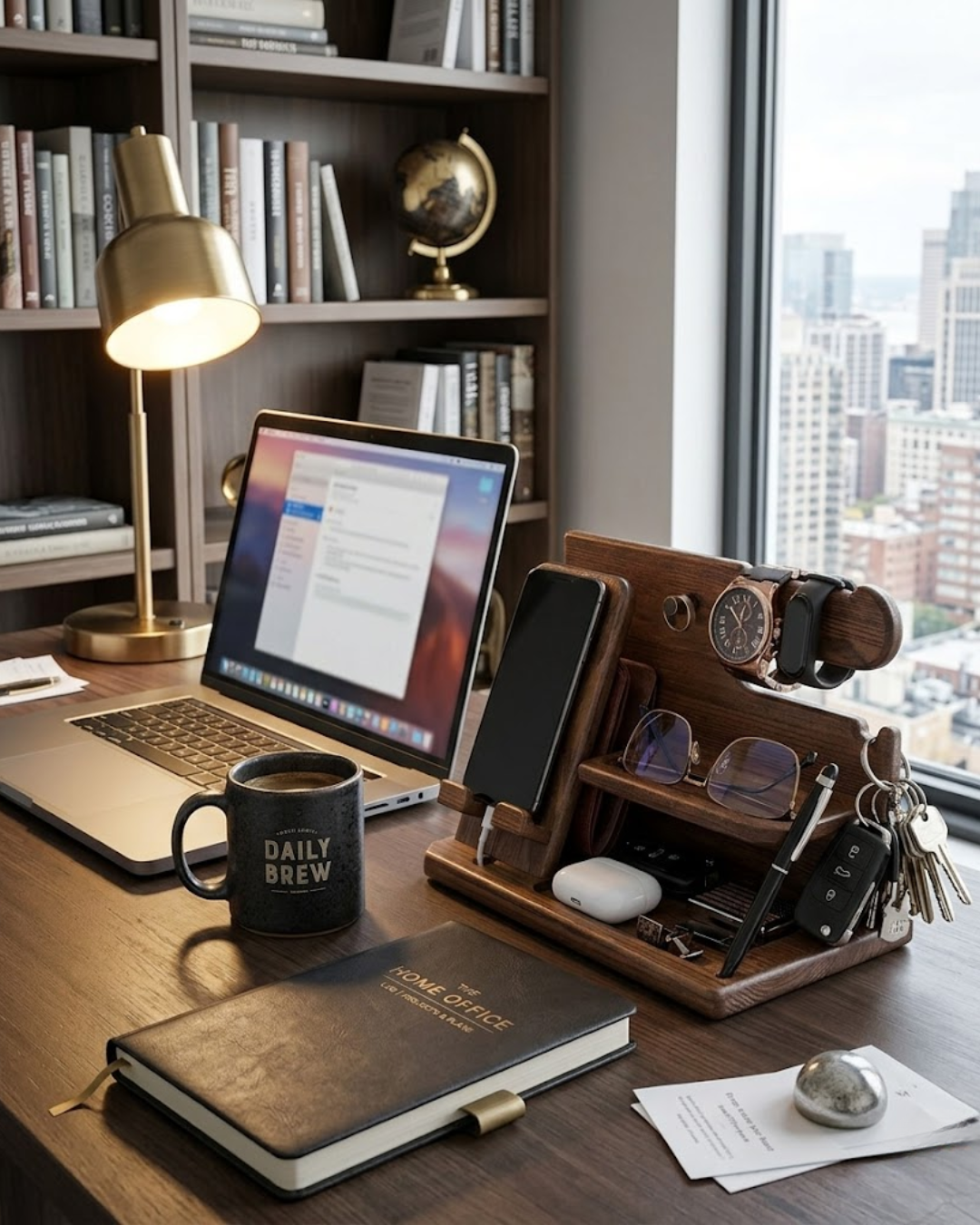 Organizador de Escritorio en Madera Real: Soporte para Reloj, Celular, Llaves y Accesorios