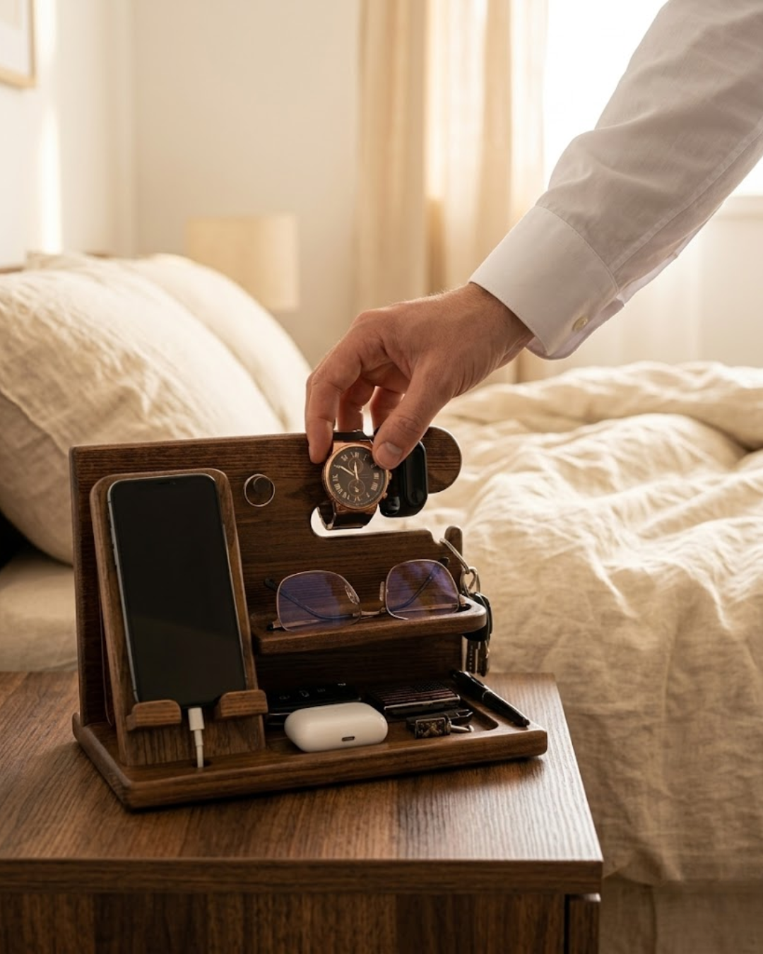 Organizador de Escritorio en Madera Real: Soporte para Reloj, Celular, Llaves y Accesorios