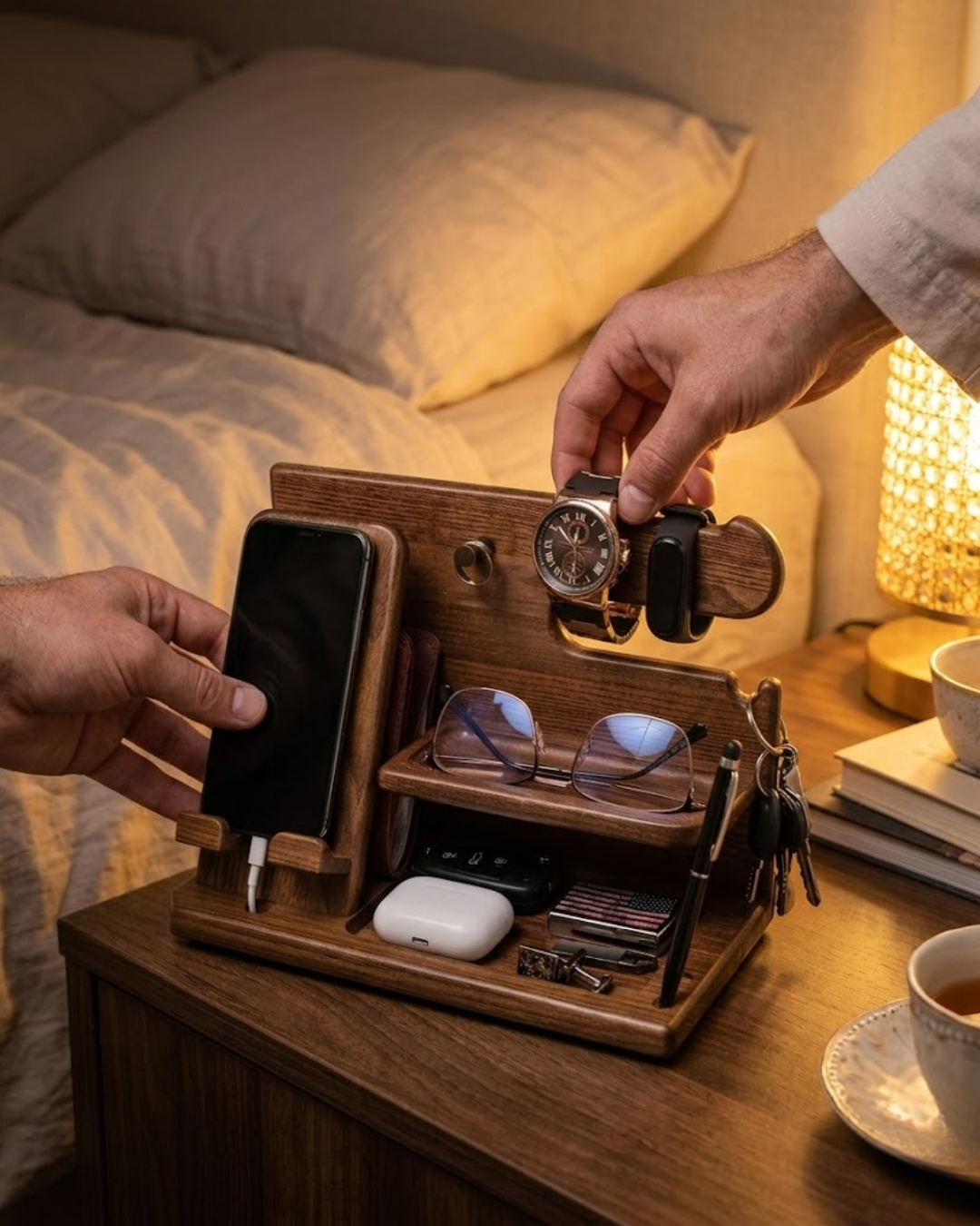 Organizador de Escritorio en Madera Real: Soporte para Reloj, Celular, Llaves y Accesorios