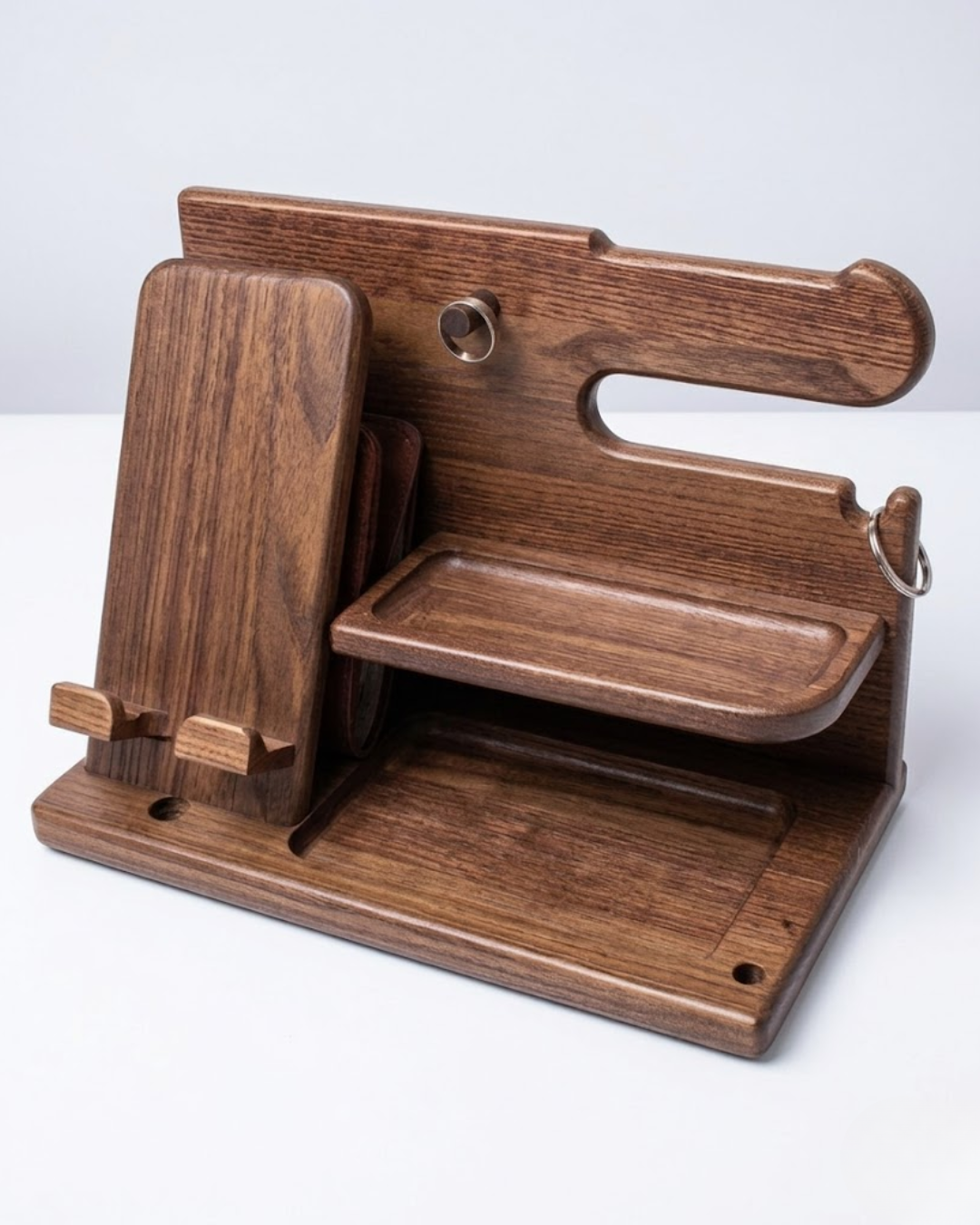 Organizador de Escritorio en Madera Real: Soporte para Reloj, Celular, Llaves y Accesorios